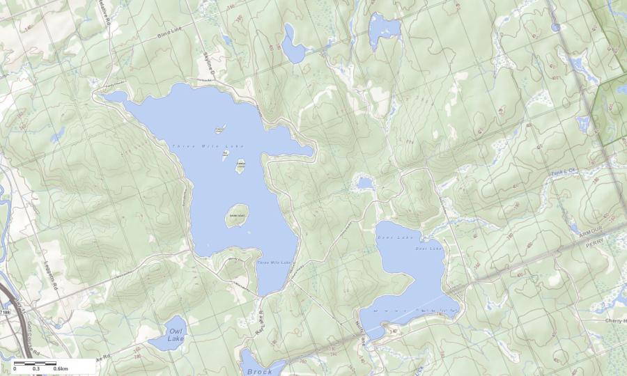Topographical Map of Three Mile Lake in Municipality of Armour and the District of Parry Sound